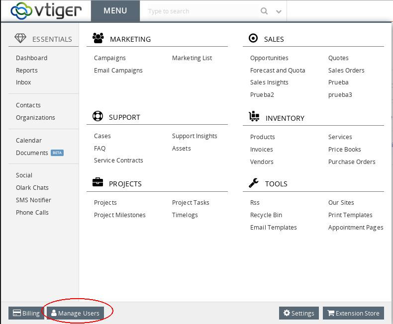 Vtiger manage user menu.jpg