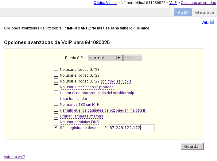 opciones avanzadas del trunk sip