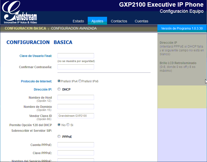 configuración básica teléfono Grandstream GXP2000