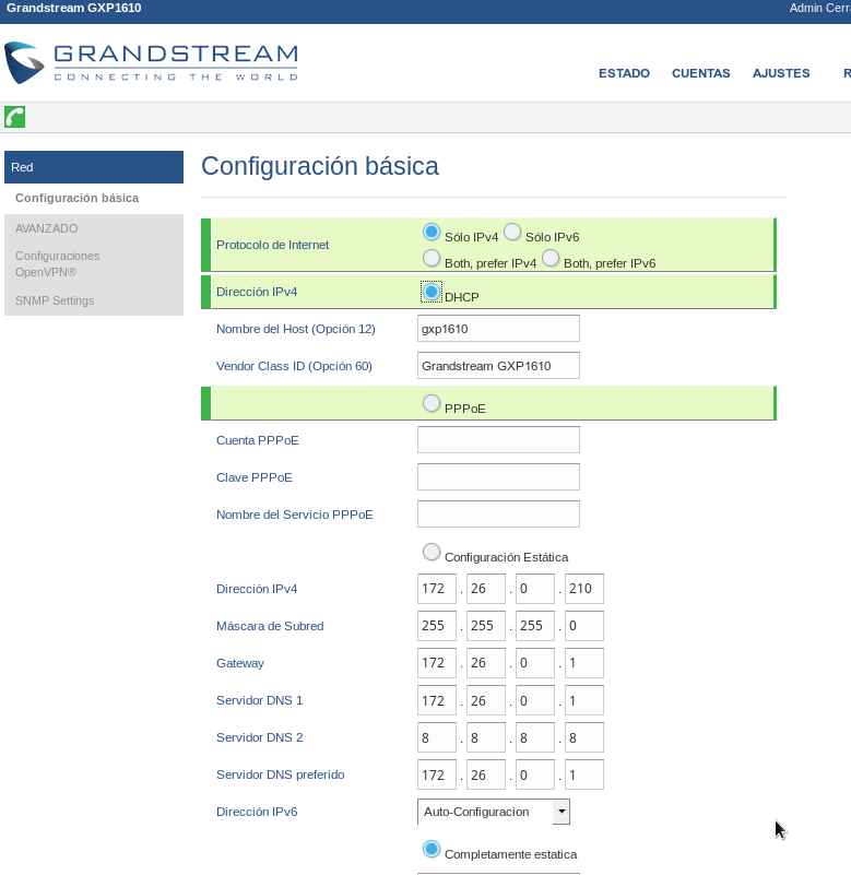 Configurador Grandstream red básica